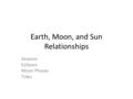 Earth, Moon, and Sun Relationships Seasons Eclipses Moon Phases Tides.
