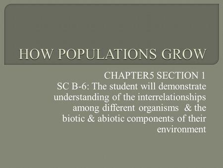CHAPTER5 SECTION 1 SC B-6: The student will demonstrate understanding of the interrelationships among different organisms & the biotic & abiotic components.