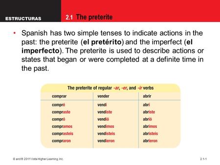 2.1 The preterite © and ® 2011 Vista Higher Learning, Inc.2.1-1 Spanish has two simple tenses to indicate actions in the past: the preterite (el pretérito)