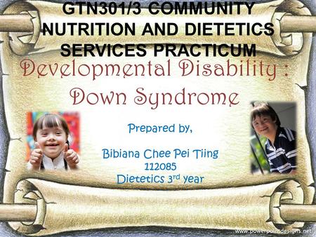 GTN301/3 COMMUNITY NUTRITION AND DIETETICS SERVICES PRACTICUM Developmental Disability : Down Syndrome Prepared by, Bibiana Chee Pei Tiing 112085 Dietetics.