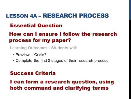 LESSON 4A – RESEARCH PROCESS Essential Question How can I ensure I follow the research process for my paper? Learning Outcomes - Students will: Preview.