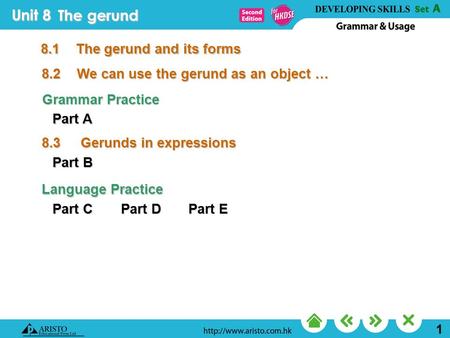 Unit 8 1 The gerund 8.2We can use the gerund as an object … 8.1The gerund and its forms Part A Grammar Practice Part B Part C Language Practice Part D.