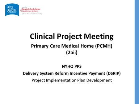 Clinical Project Meeting NYHQ PPS Delivery System Reform Incentive Payment (DSRIP) Project Implementation Plan Development Primary Care Medical Home (PCMH)