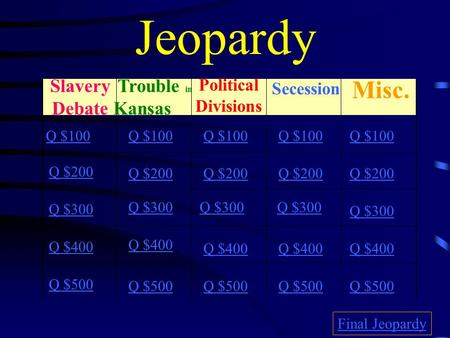 Jeopardy Slavery Debate Trouble in Kansas Political Divisions Secession Misc. Q $100 Q $200 Q $300 Q $400 Q $500 Q $100 Q $200 Q $300 Q $400 Q $500 Final.