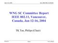 Doc.: IEEE 802.11-04/024r1 Submission Jan 12-16, 2004 TK Tan (Philips) Slide 1 WNG SC Committee Report IEEE 802.11, Vancouver, Canada, Jan 12-16, 2004.