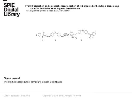 Date of download: 6/23/2016 Copyright © 2016 SPIE. All rights reserved. The synthesis procedure of compound 3 (isatin Schiff base). Figure Legend: From: