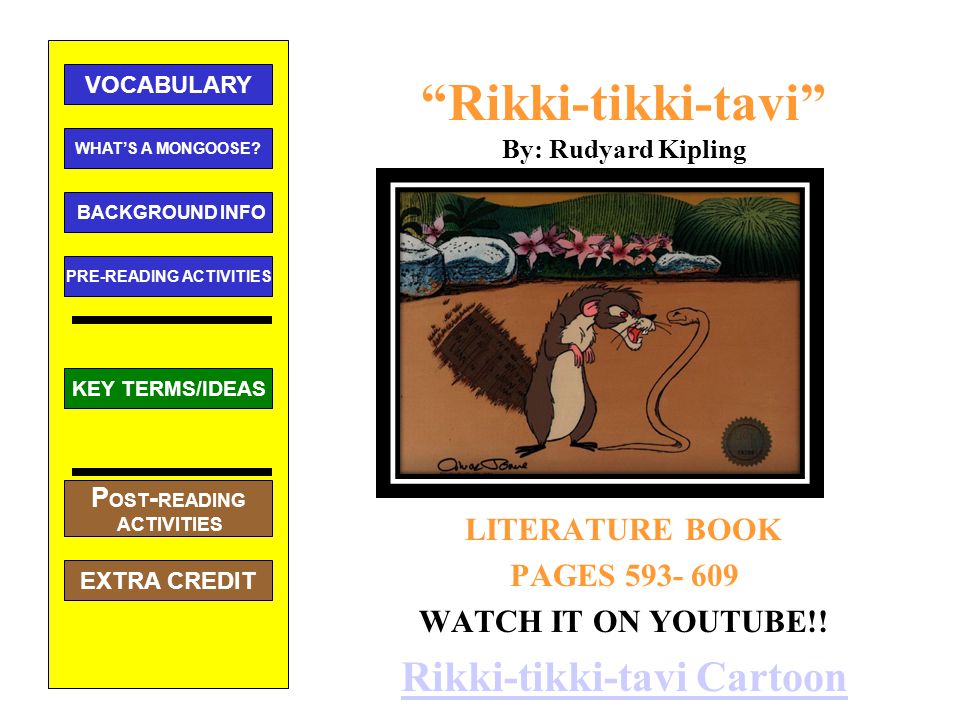 Rikki-tikki-tavi” By: Rudyard Kipling LITERATURE BOOK PAGES WATCH IT ON  YOUTUBE!! Rikki-tikki-tavi Cartoon KEY TERMS/IDEAS WHAT'S A MONGOOSE? - ppt  download