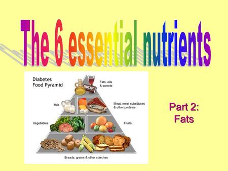 Part 2: Fats. 6 essential nutrients 1.Carbohydrates 2.Fats 3.Proteins 4.Vitamins 5.Water 6.minerals.