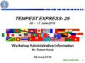 UNCLASSIFIED 1 TEMPEST EXPRESS- 29 09 - 17 June 2016 09 June 2016 Workshop Administrative Information Mr. Robert Holub.