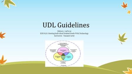 UDL Guidelines Debra L. LaFever EDU620: Meeting Individual Student Needs With Technology Instructor: Tamara Carter.