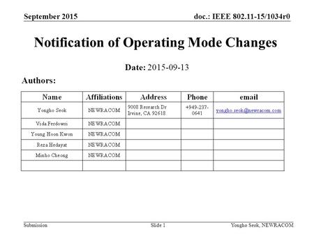 Doc.: IEEE 802.11-15/1034r0 Submission September 2015 Yongho Seok, NEWRACOM Notification of Operating Mode Changes Date: 2015-09-13 Authors: Slide 1.