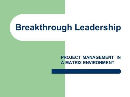 Breakthrough Leadership PROJECT MANAGEMENT IN A MATRIX ENVIRONMENT.