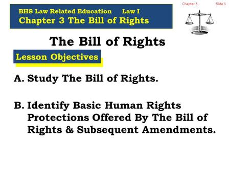 Chapter 3Slide 1 The Bill of Rights A.Study The Bill of Rights. B.Identify Basic Human Rights Protections Offered By The Bill of Rights & Subsequent Amendments.