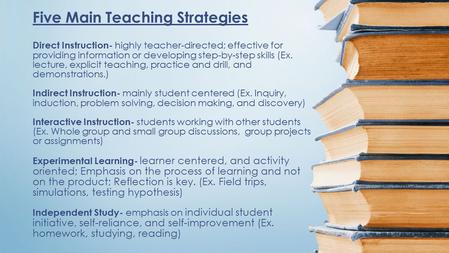 Five Main Teaching Strategies Direct Instruction- highly teacher-directed; effective for providing information or developing step-by-step skills (Ex.
