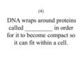 (4) DNA wraps around proteins called _________ in order for it to become compact so it can fit within a cell.