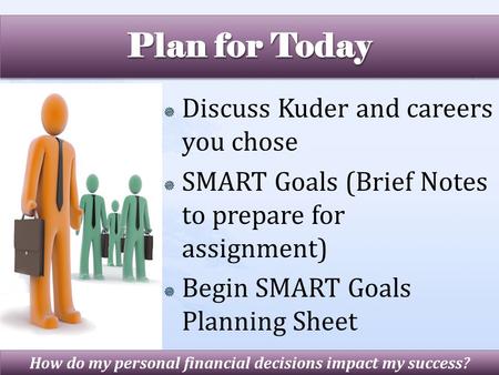 Discuss Kuder and careers you chose  SMART Goals (Brief Notes to prepare for assignment)  Begin SMART Goals Planning Sheet How do my personal financial.