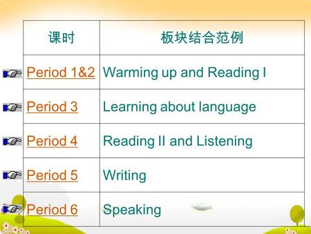 课时板块结合范例 Period 1&2Warming up and Reading I Period 3Learning about language Period 4Reading II and Listening Period 5Writing Period 6Speaking.