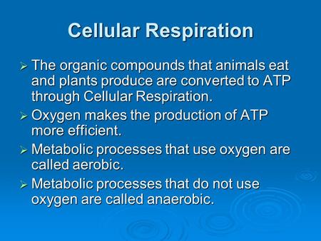 Cellular Respiration  The organic compounds that animals eat and plants produce are converted to ATP through Cellular Respiration.  Oxygen makes the.