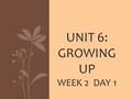 UNIT 6: GROWING UP WEEK 2 DAY 1. Spelling 1.bells6. kisses 2.days7. wolves 3.names8. leaves 4.babies9. was 5.boxes10. presents.
