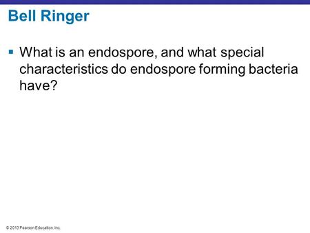 © 2013 Pearson Education, Inc. Bell Ringer  What is an endospore, and what special characteristics do endospore forming bacteria have?