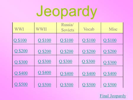 Jeopardy WWIWWII Russia/ Soviets Vocab Misc Q $100 Q $200 Q $300 Q $400 Q $500 Q $100 Q $200 Q $300 Q $400 Q $500 Final Jeopardy.