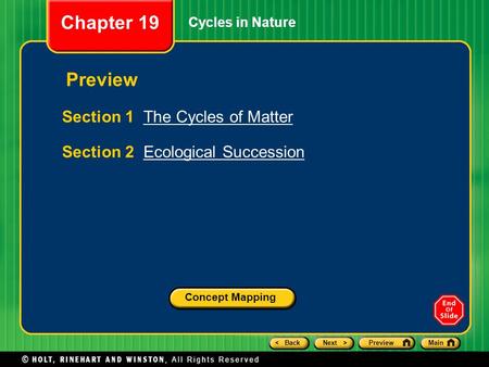 < BackNext >PreviewMain Cycles in Nature Section 1 The Cycles of MatterThe Cycles of Matter Section 2 Ecological SuccessionEcological Succession Chapter.
