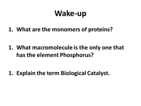 Wake-up 1.What are the monomers of proteins? 1.What macromolecule is the only one that has the element Phosphorus? 1.Explain the term Biological Catalyst.