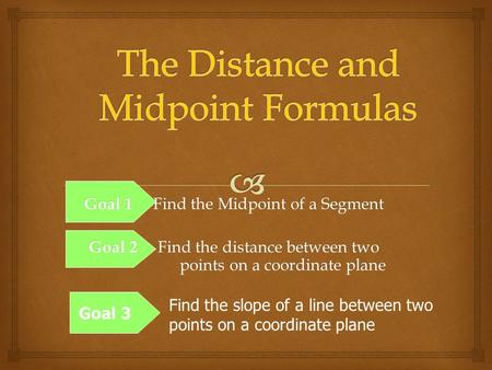 Goal 1 Find the Midpoint of a Segment Goal 2 Find the distance between two points on a coordinate plane Goal 3 Find the slope of a line between two points.