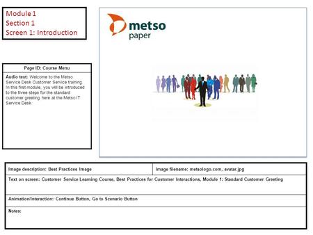 Page ID: Course Menu Audio text: Welcome to the Metso Service Desk Customer Service training. In this first module, you will be introduced to the three.