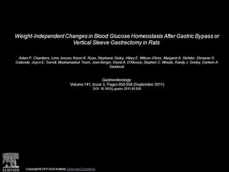 Weight-Independent Changes in Blood Glucose Homeostasis After Gastric Bypass or Vertical Sleeve Gastrectomy in Rats Adam P. Chambers, Lene Jessen, Karen.