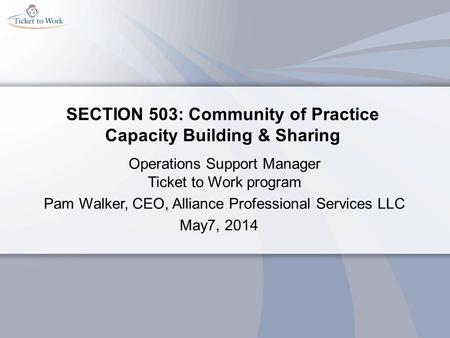 SECTION 503: Community of Practice Capacity Building & Sharing Operations Support Manager Ticket to Work program Pam Walker, CEO, Alliance Professional.