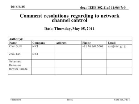 Submission doc.: IEEE 802.11af-11/0647r0 Slide 1 Comment resolutions regarding to network channel control Date: Thursday, May 05, 2011 Chen Sun, NICT Author(s):