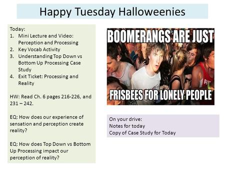 Happy Tuesday Halloweenies Today: 1.Mini Lecture and Video: Perception and Processing 2.Key Vocab Activity 3.Understanding Top Down vs Bottom Up Processing.