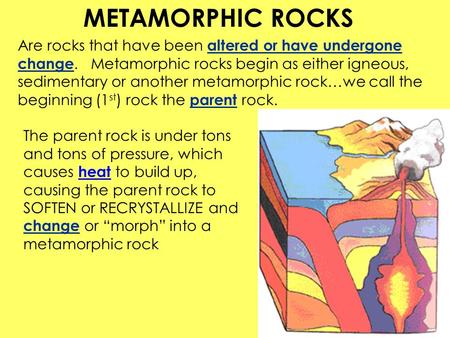 Are rocks that have been altered or have undergone change.Metamorphic rocks begin as either igneous, sedimentary or another metamorphic rock…we call the.
