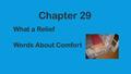 Chapter 29 What a Relief Words About Comfort. 1. palliative -noun/adj. Soothing the symptoms of a disorder but not curing it. Crying is considered palliative.