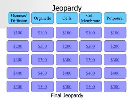 Jeopardy $100 Osmosis/ Diffusion OrganelleCells Cell Membrane Potpourri $200 $300 $400 $500 $400 $300 $200 $100 $500 $400 $300 $200 $100 $500 $400 $300.