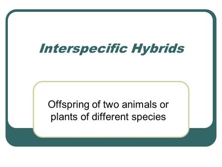 Interspecific Hybrids Offspring of two animals or plants of different species.