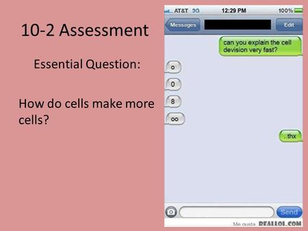 10-2 Assessment Essential Question: How do cells make more cells?