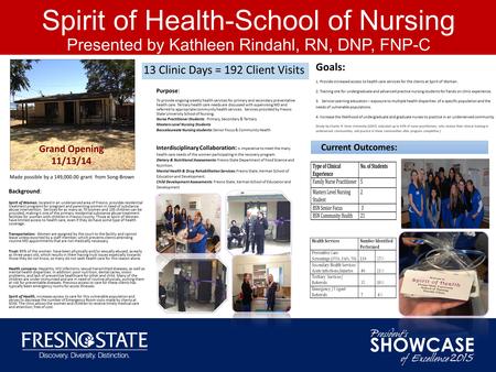 Spirit of Health-School of Nursing Presented by Kathleen Rindahl, RN, DNP, FNP-C 13 Clinic Days = 192 Client Visits Background: Spirit of Woman, located.