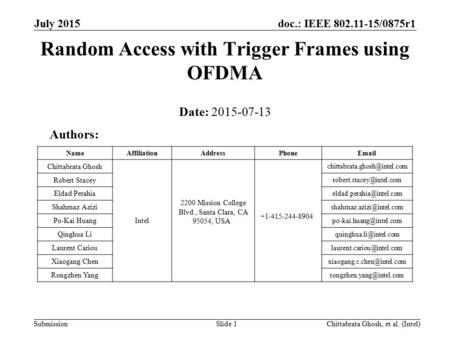Doc.: IEEE 802.11-15/0875r1 Submission July 2015 Chittabrata Ghosh, et al. (Intel)Slide 1 Random Access with Trigger Frames using OFDMA Date: 2015-07-13.
