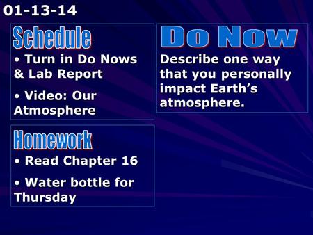 Turn in Do Nows & Lab Report Turn in Do Nows & Lab Report Video: Our Atmosphere Video: Our Atmosphere Describe one way that you personally impact Earth’s.