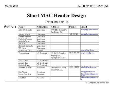 Doc.:IEEE 802.11-13/0318r0 March 2013 A. Asterjadhi, Qualcomm Inc. Short MAC Header Design Date: 2013-03-15 Authors: