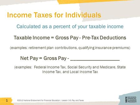 Income Taxes for Individuals Calculated as a percent of your taxable income Taxable Income = Gross Pay - Pre-Tax Deductions (examples: retirement plan.