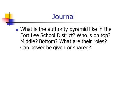 Journal What is the authority pyramid like in the Fort Lee School District? Who is on top? Middle? Bottom? What are their roles? Can power be given or.