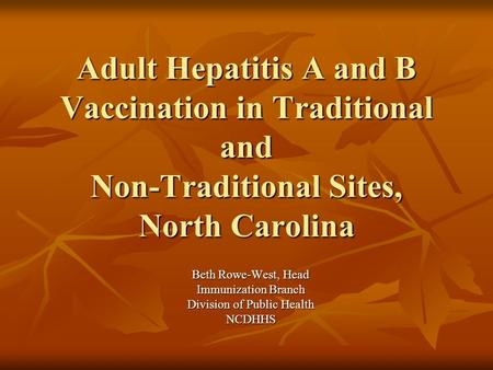 Adult Hepatitis A and B Vaccination in Traditional and Non-Traditional Sites, North Carolina Beth Rowe-West, Head Immunization Branch Division of Public.