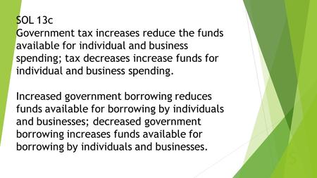 S SOL 13c Government tax increases reduce the funds available for individual and business spending; tax decreases increase funds for individual and business.