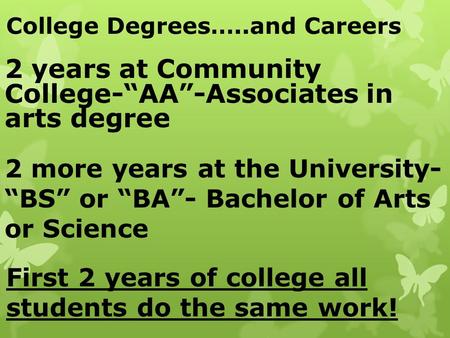 College Degrees…..and Careers 2 years at Community College-“AA”-Associates in arts degree 2 more years at the University- “BS” or “BA”- Bachelor of Arts.