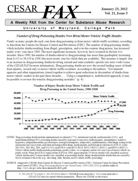 CESAR FAX U n i v e r s i t y o f M a r y l a n d, C o l l e g e P a r k A Weekly FAX from the Center for Substance Abuse Research January 23, 2012 Vol.