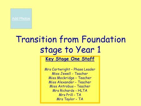 Transition from Foundation stage to Year 1 Key Stage One Staff Mrs Cartwright – Phase Leader Miss Jewell - Teacher Miss Mockridge – Teacher Miss Alexander.