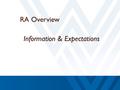 RA Overview Information & Expectations. RA Selection Process The following stages of the selection process are mandatory: ◦ Application ◦ Email Checkpoint.